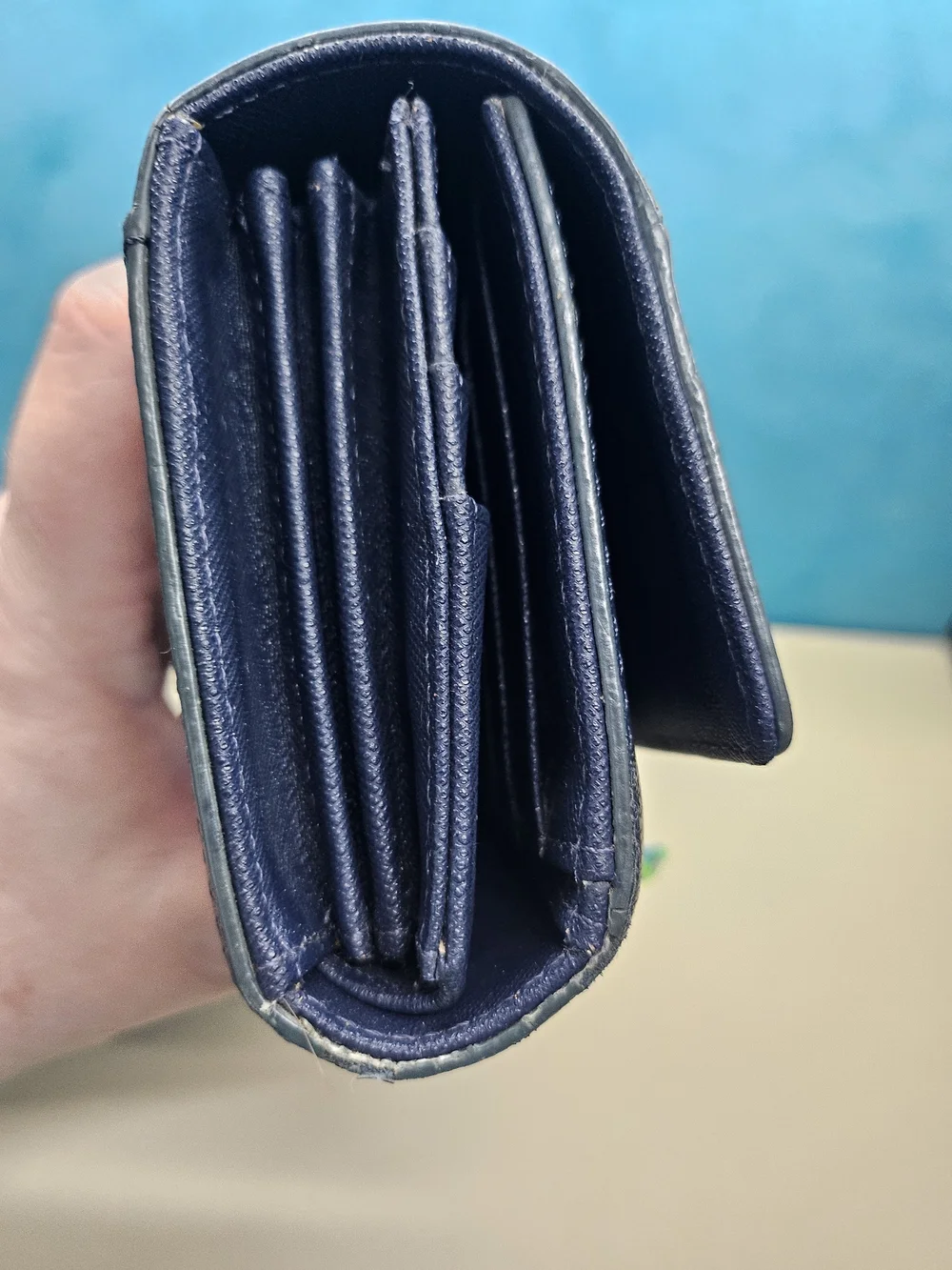 Fossil Tri-Panel Leather Fold Wallet in Navy, Sky & Pale Pink